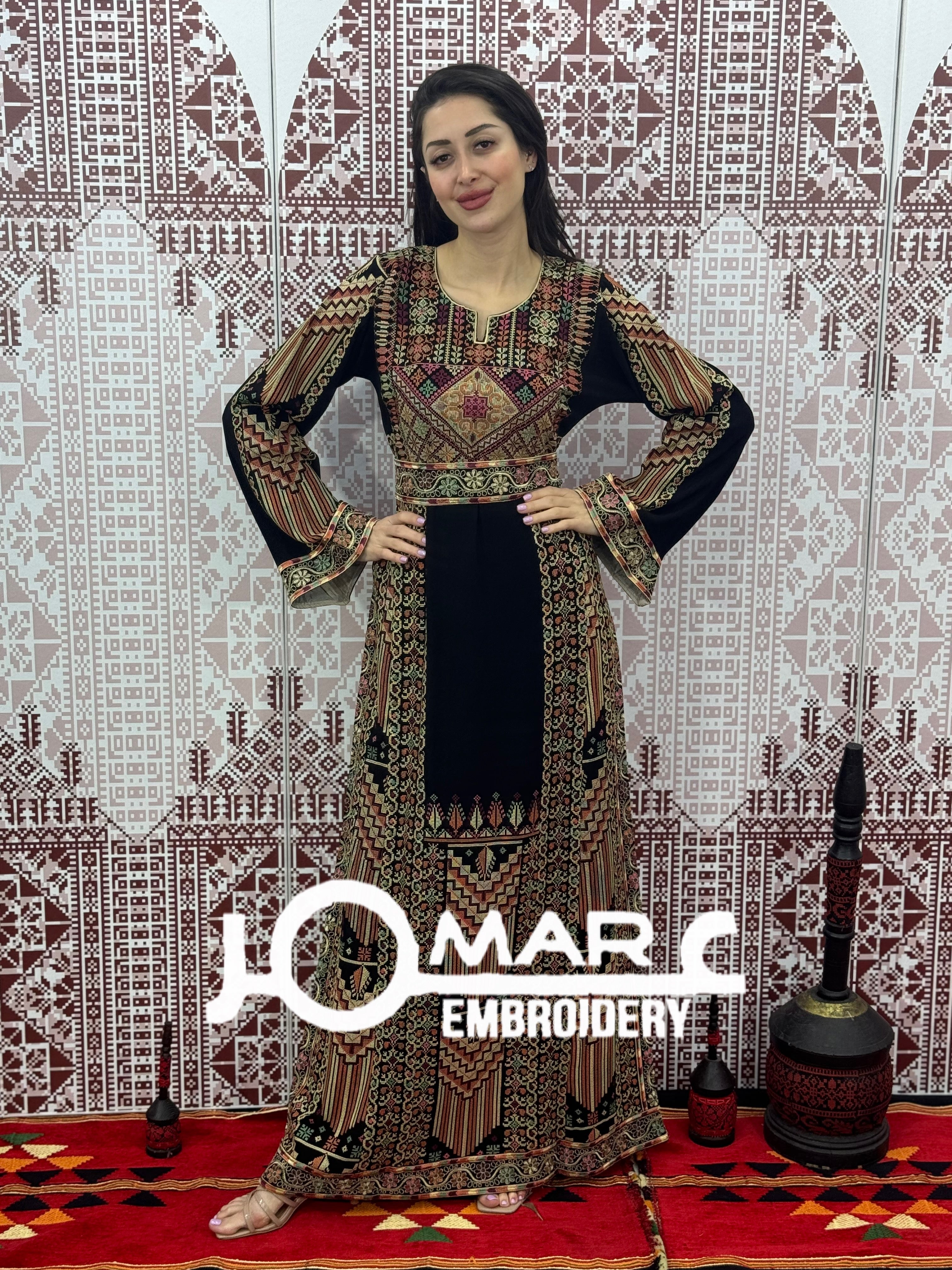 palestinian traditional dress Black Red Aisha Thobe Abaya Tatreez Embroidery M festive occasions Palestinian Thobe | White Dress