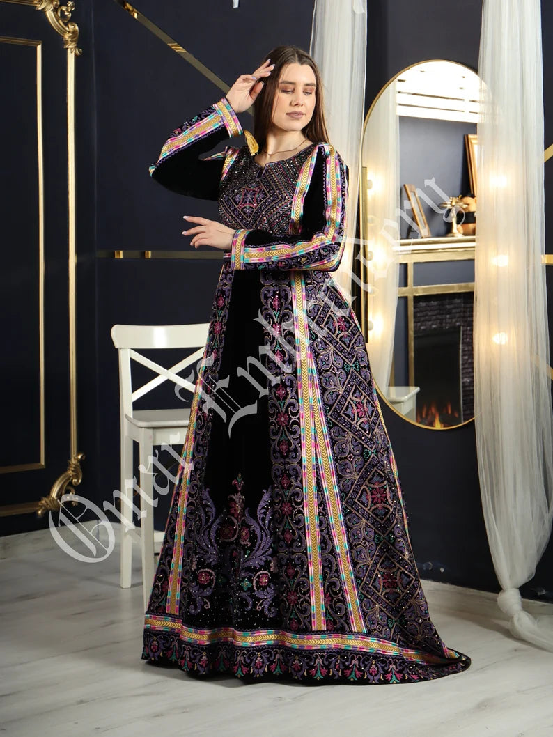 palestinian embroidered dress Black & Red Long Sleeve Full Embroidered Palestinian Thobe/Dress (3 pieces)