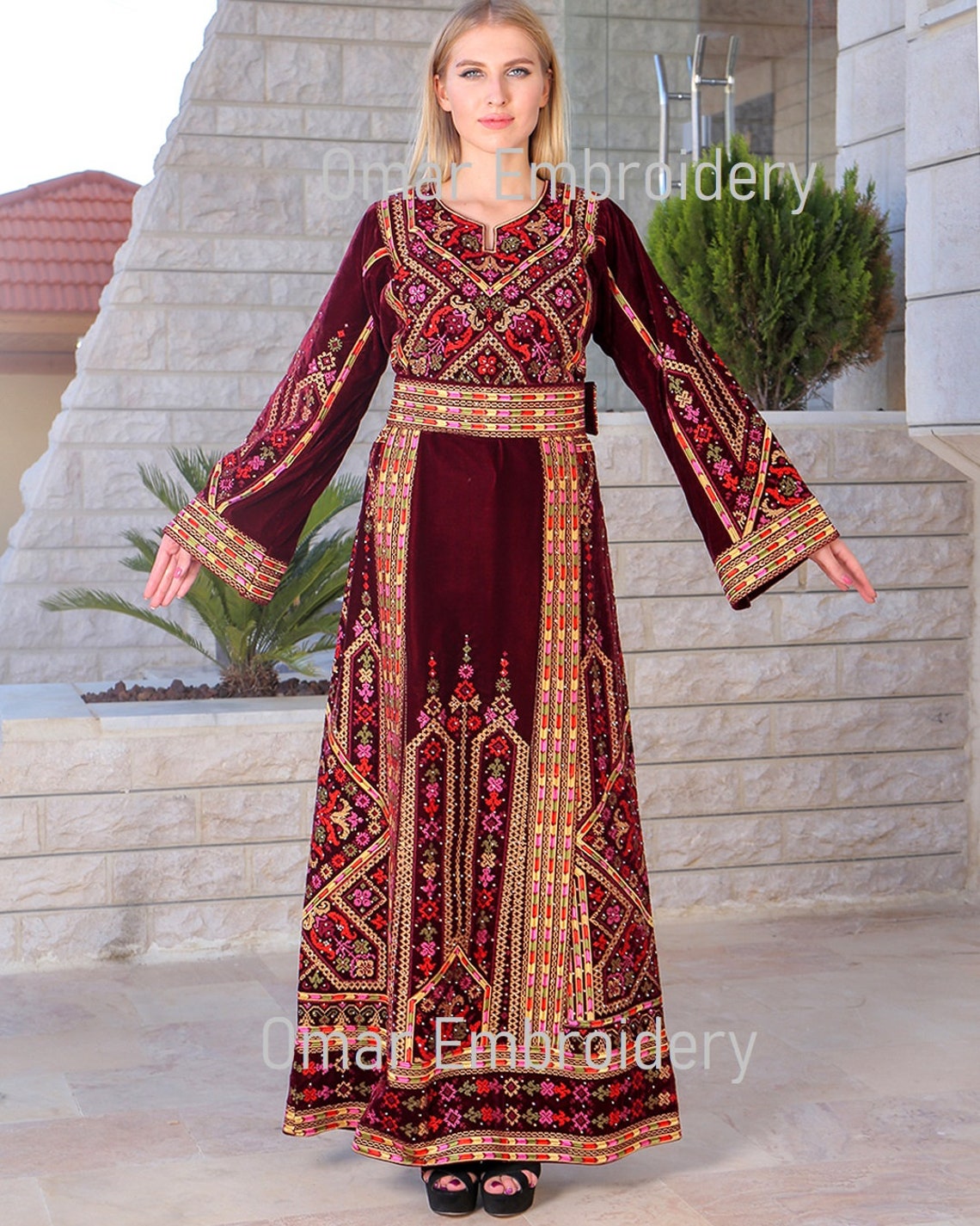 Embroidered Palestinian Maxi Dress velvet Thobe Palestinian Embroidery Embroidered Palestinian Maxi Dress velvet Thobe Palestinian Embroidery