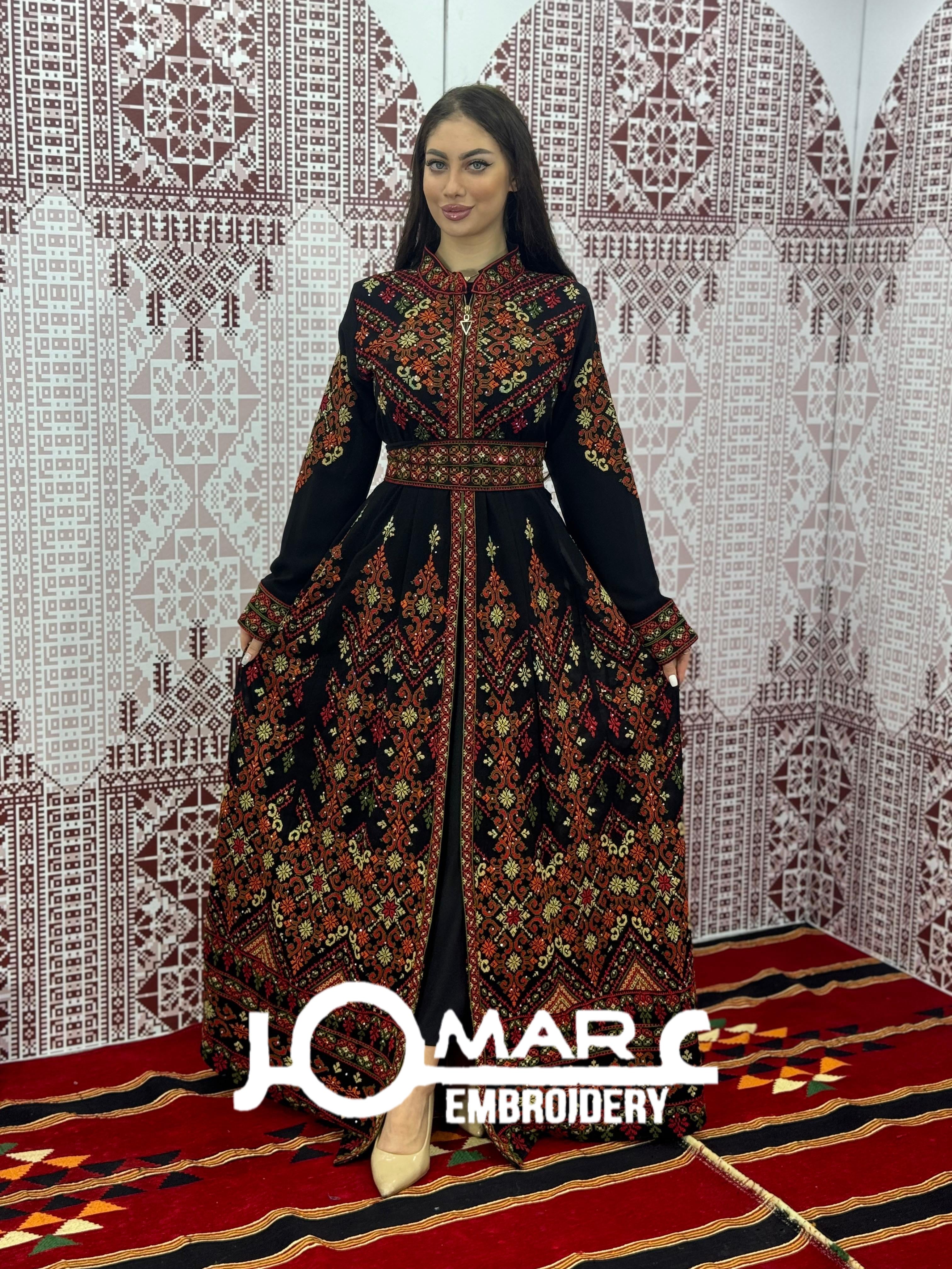 embroidered kaftan maxi dress Silver Crystal Arabesque Embroidered Jalabiya with Belt