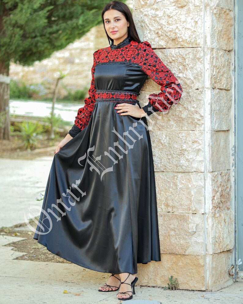 Palestinian Thobe Embroidered Satin Maxi Dress Palestinian Princess Design And Embroidery ثوب فلسطيني مطرز ساتان