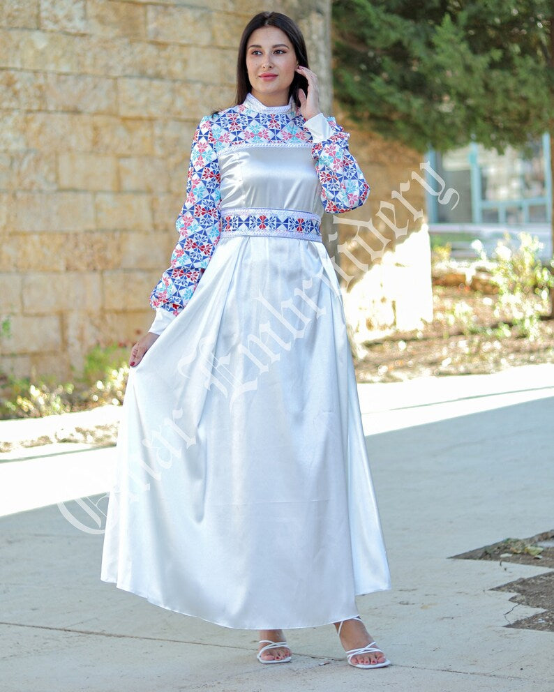 Palestinian Thobe Embroidered Satin Maxi Dress Palestinian Princess Design And Embroidery ثو