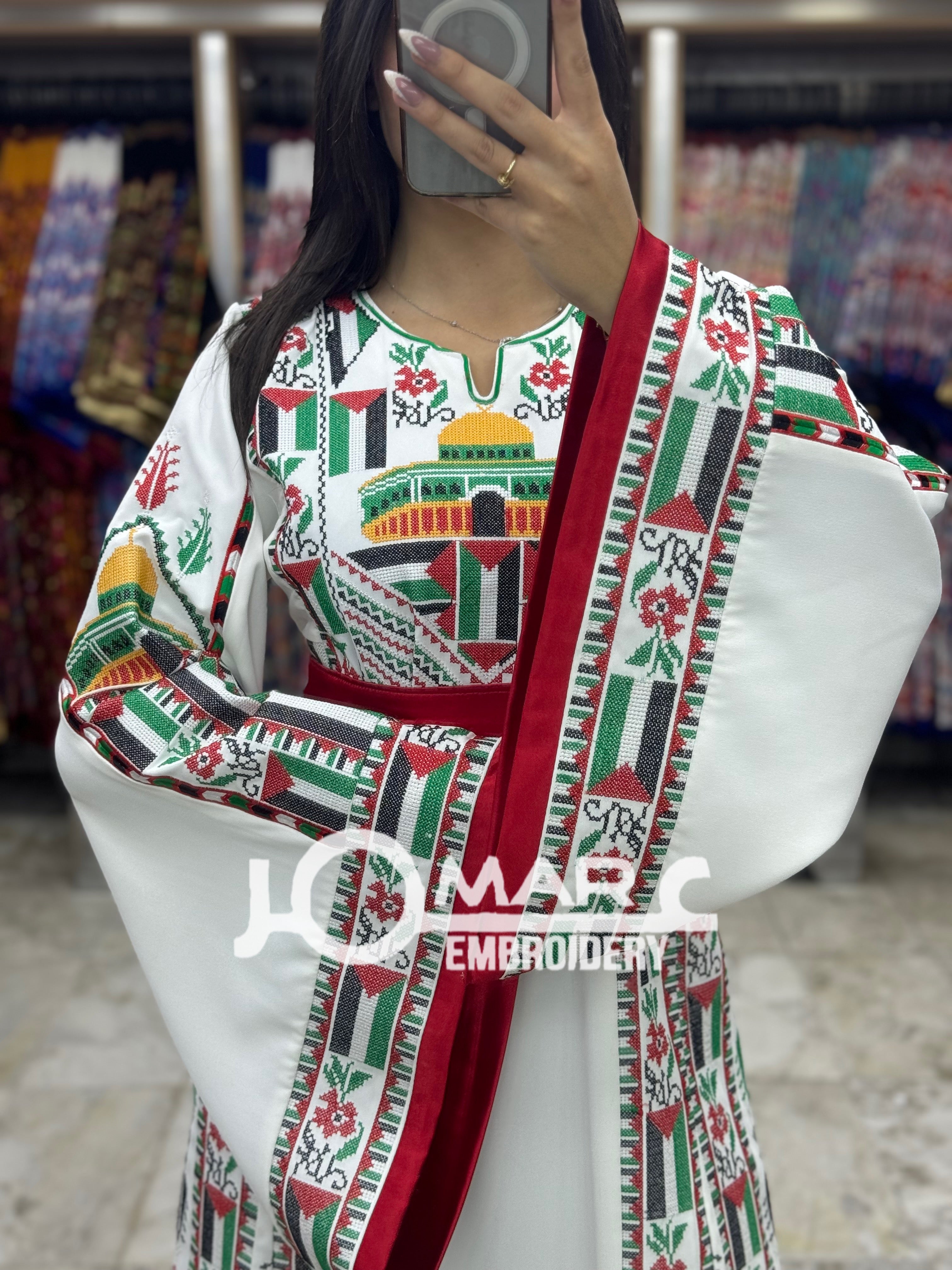 White Palestinian Embroidery Delicate with Stone Embroidery Thobe