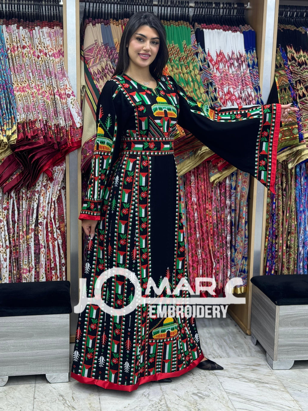 Black Palestinian Embroidery Delicate with Stone Embroidery Thobe