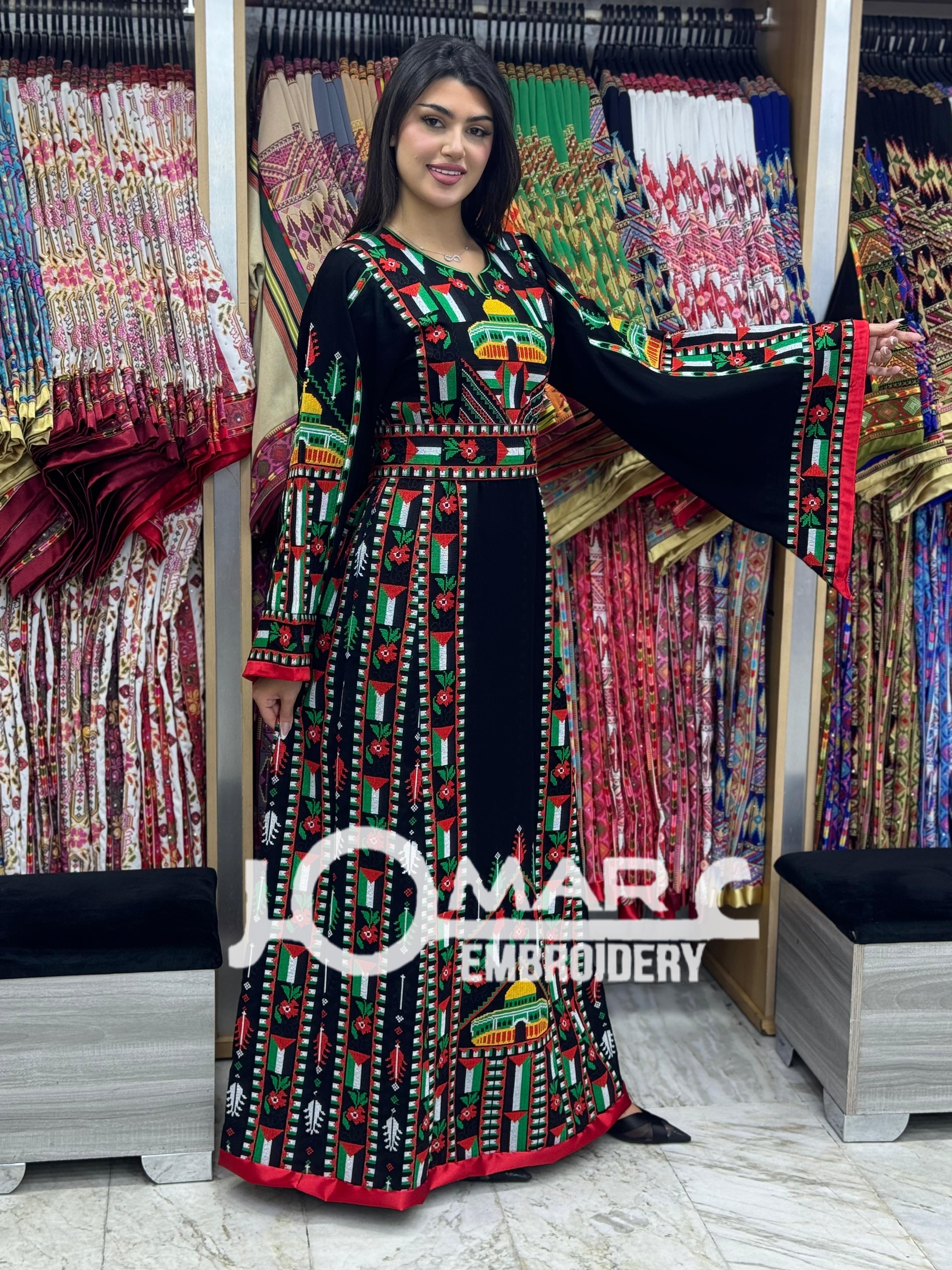 Black Palestinian Embroidery Delicate with Stone Embroidery Thobe