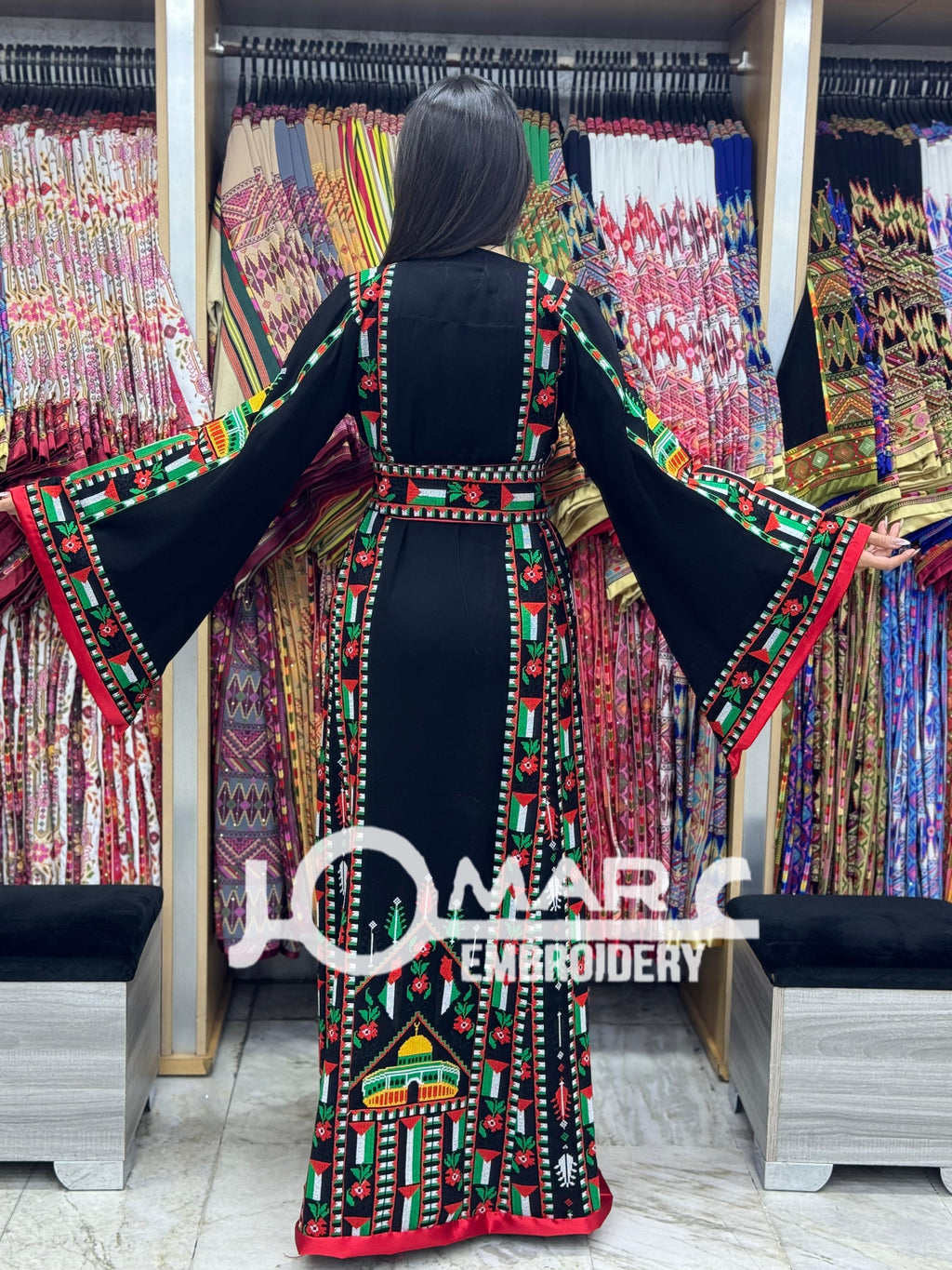 Black Palestinian Embroidery Delicate with Stone Embroidery Thobe