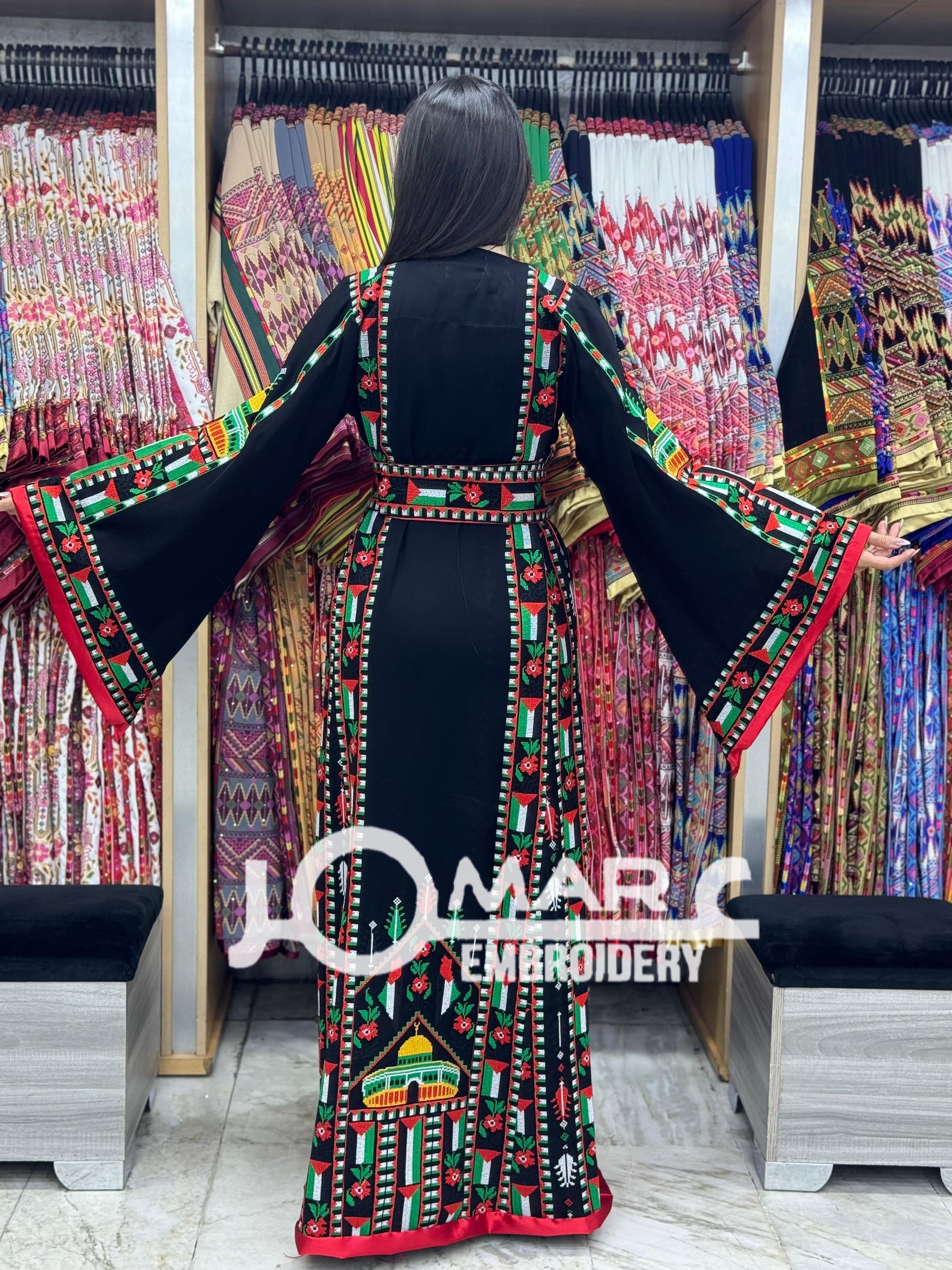Black Palestinian Embroidery Delicate with Stone Embroidery Thobe