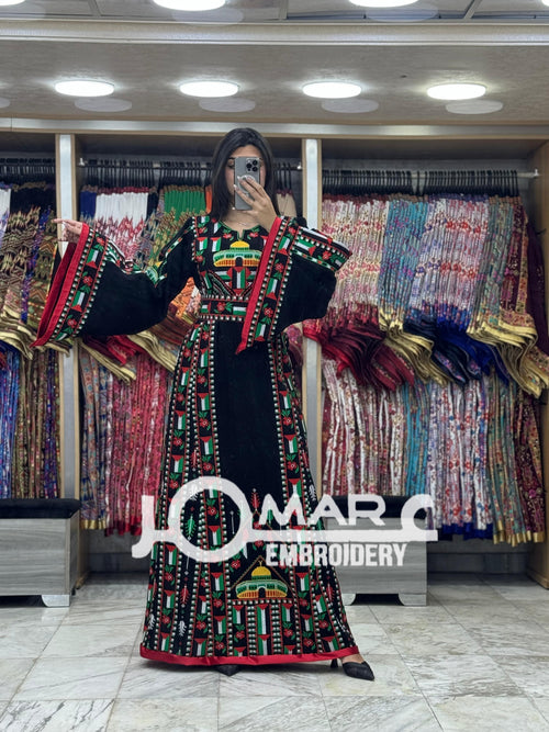 Black Palestinian Embroidery Delicate with Stone Embroidery Thobe