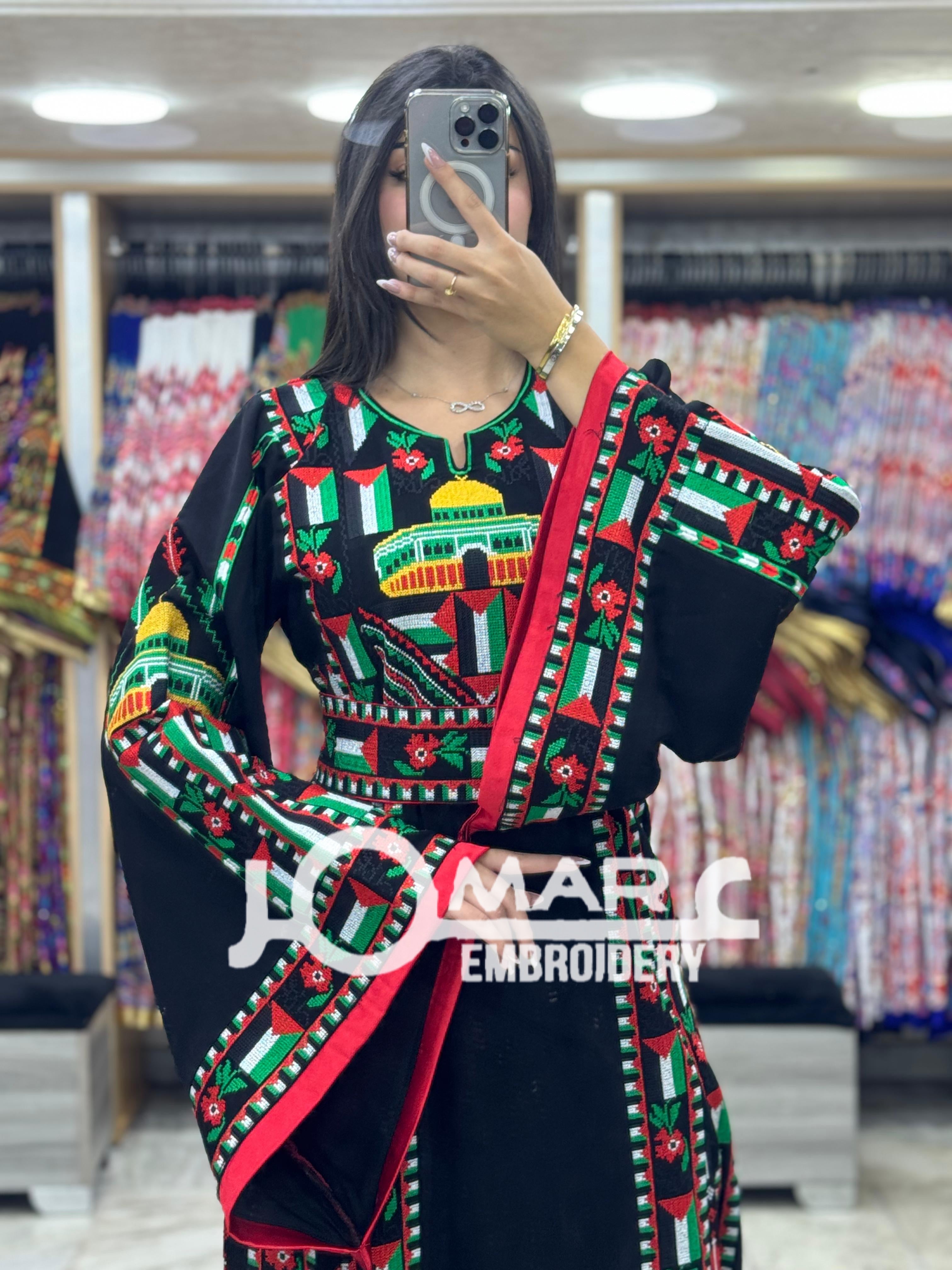 Black Palestinian Embroidery Delicate with Stone Embroidery Thobe