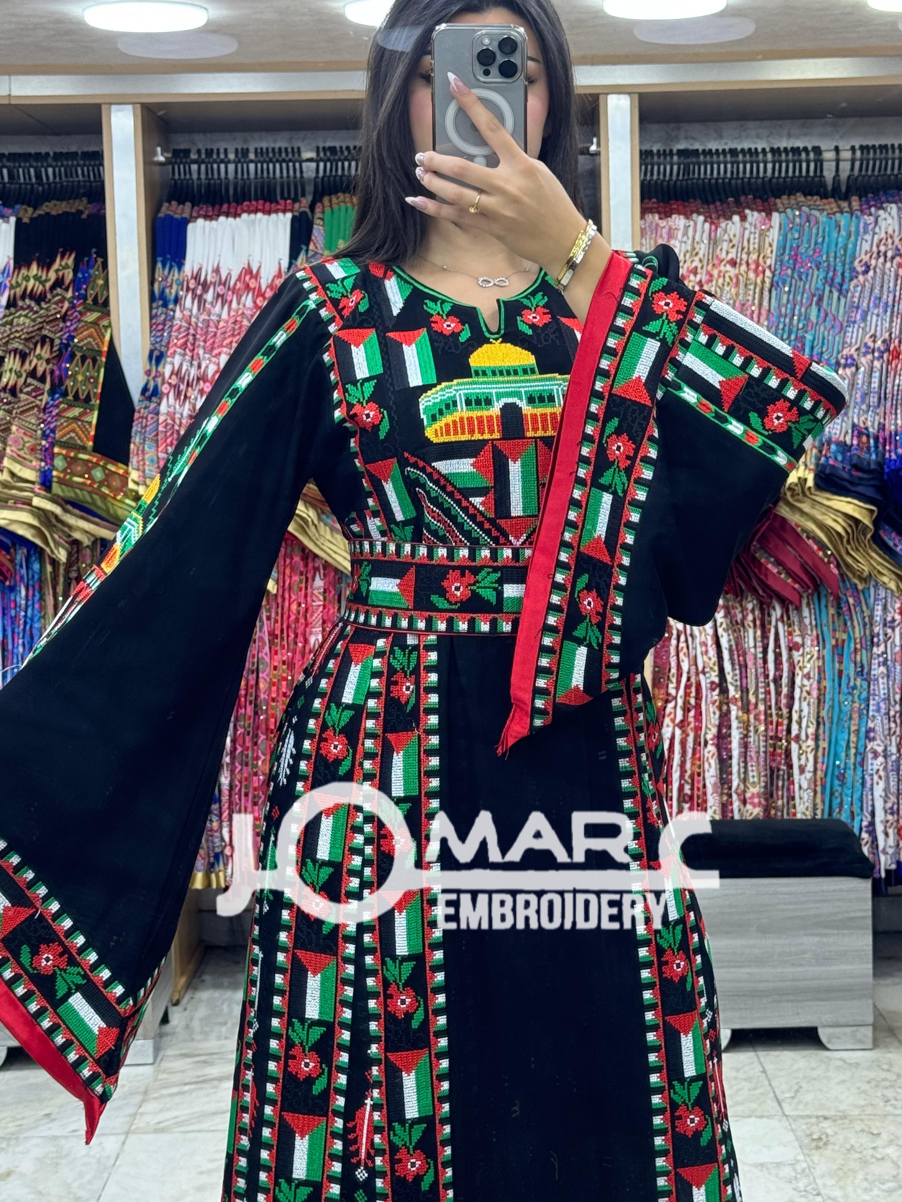 Black Palestinian Embroidery Delicate with Stone Embroidery Thobe