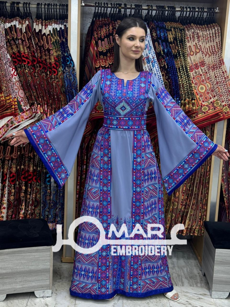 Blue Malacca Embroidery Delicate with Stone Embroidery Thobe