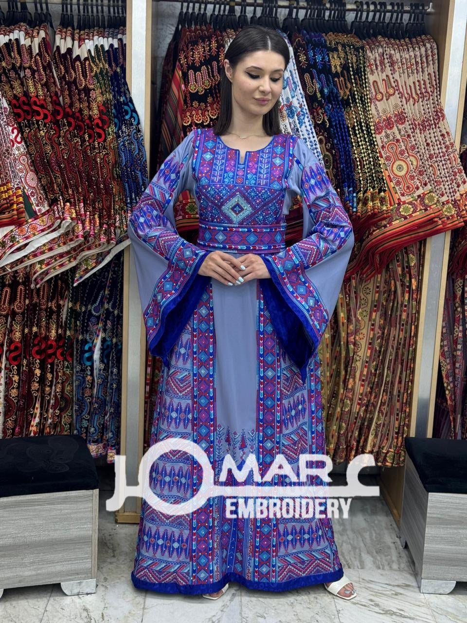 Blue Malacca Embroidery Delicate with Stone Embroidery Thobe