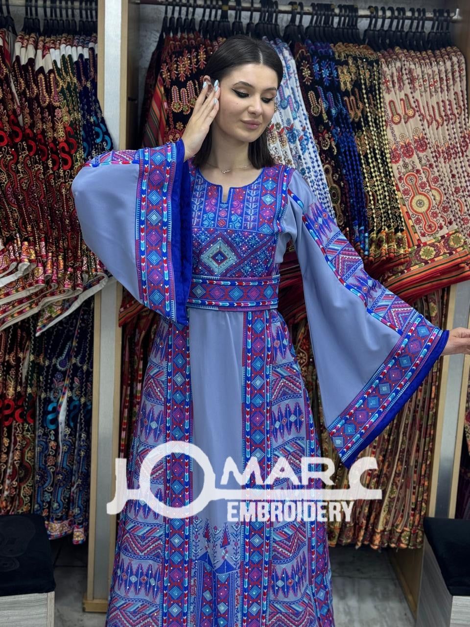 Blue Malacca Embroidery Delicate with Stone Embroidery Thobe