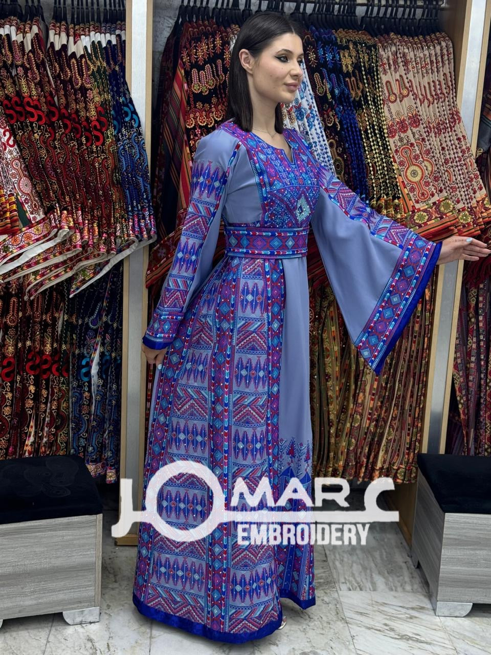 Blue Malacca Embroidery Delicate with Stone Embroidery Thobe