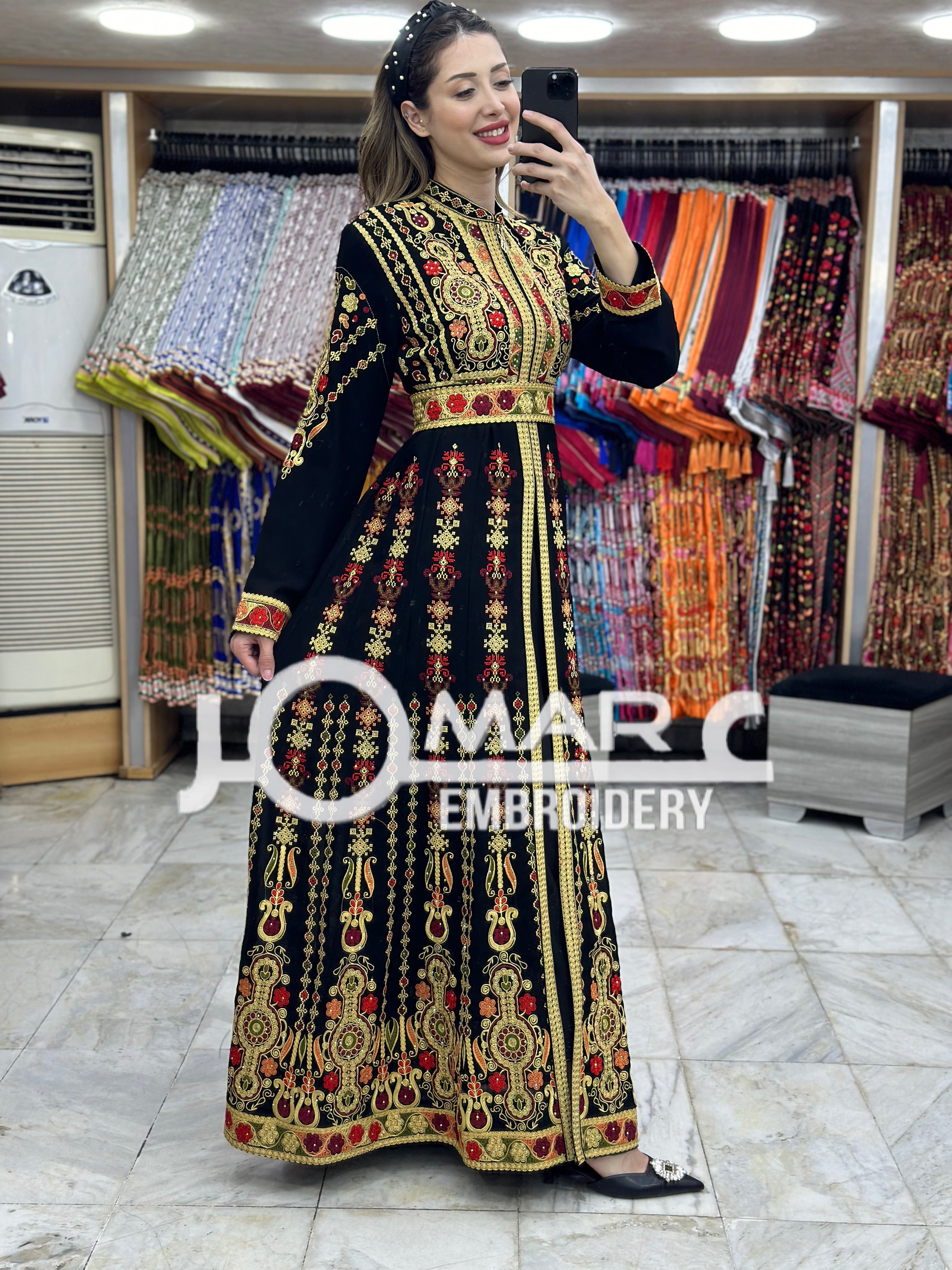 Thobe Embroidered Palestinian Maxi Dress Long Sleeves Kaftan Palestinian Princess Design And Embroidery