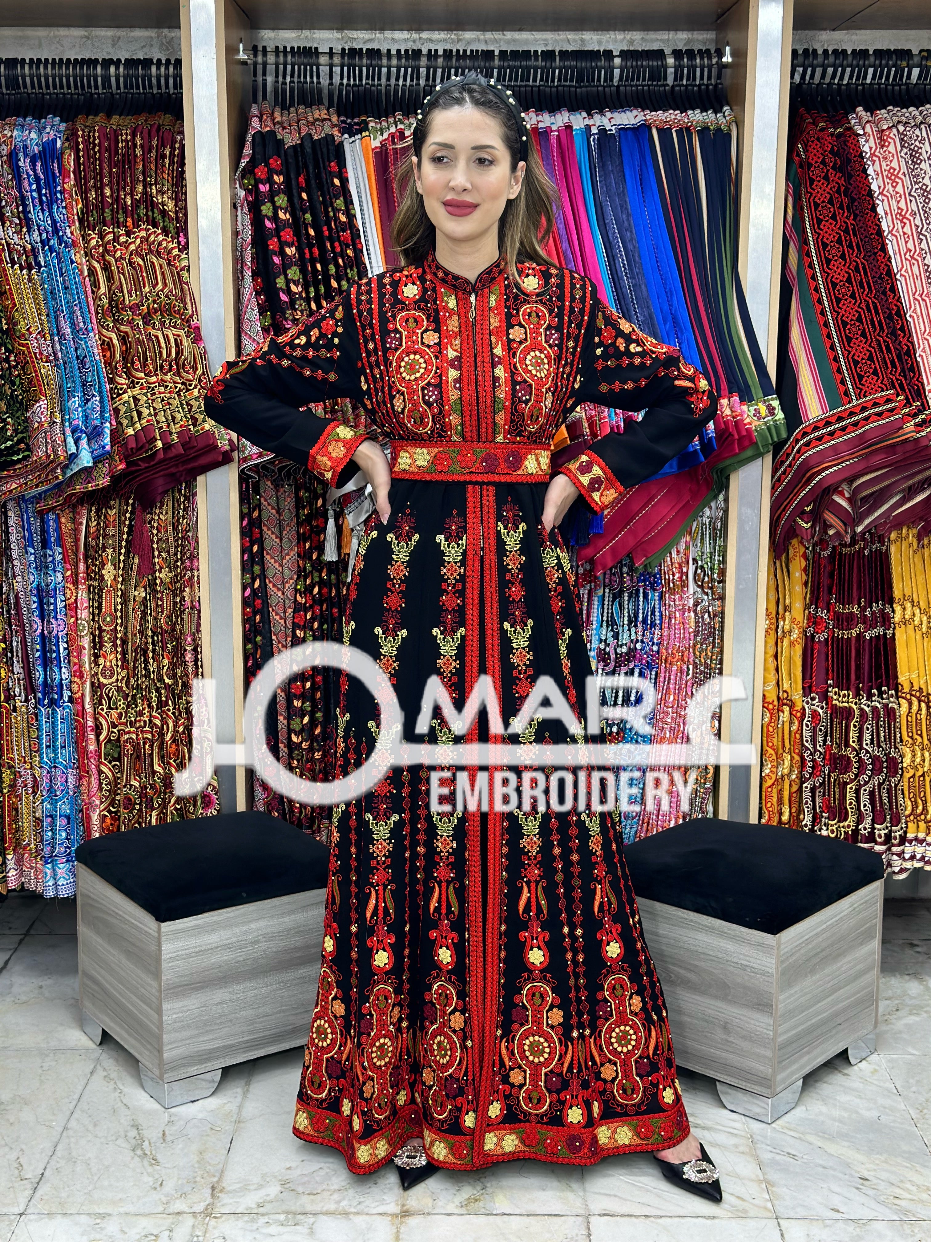Thobe Embroidered Palestinian Maxi Dress Long Sleeves Kaftan Palestinian Princess Design And Embroidery