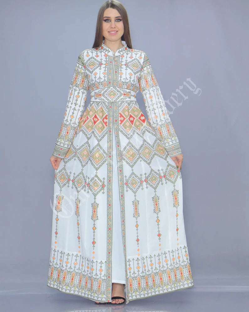 Thobe Embroidered Palestinian White Maxi Dress Long Sleeves Multicolor Stitches