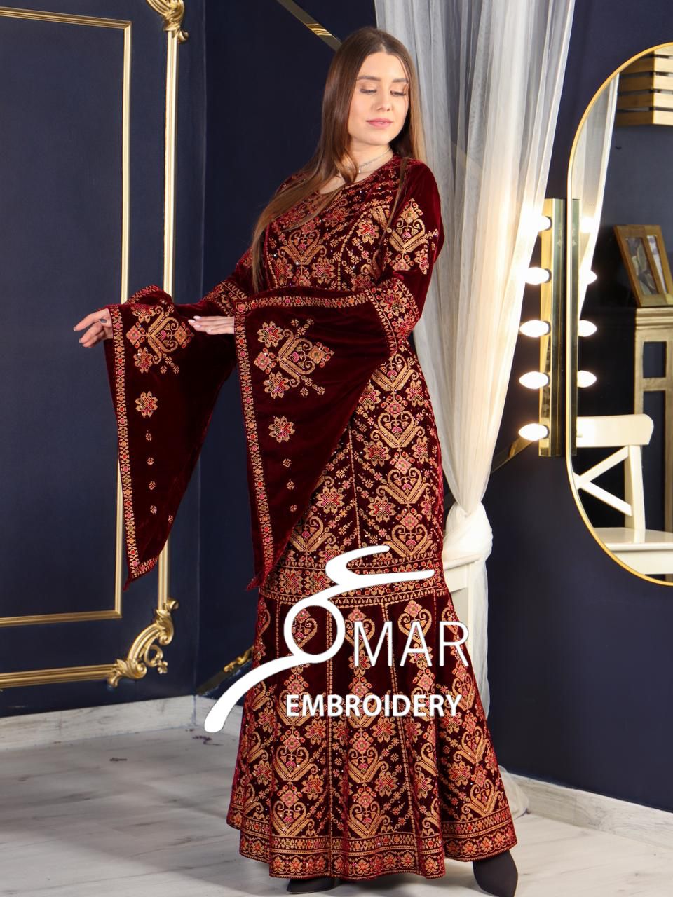 Maroon Luxury Mermaid Embroidery Velvet Thoub