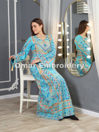 Turquoise Traditional Embroidery Thoub Stone Wide Sleeve Elegant