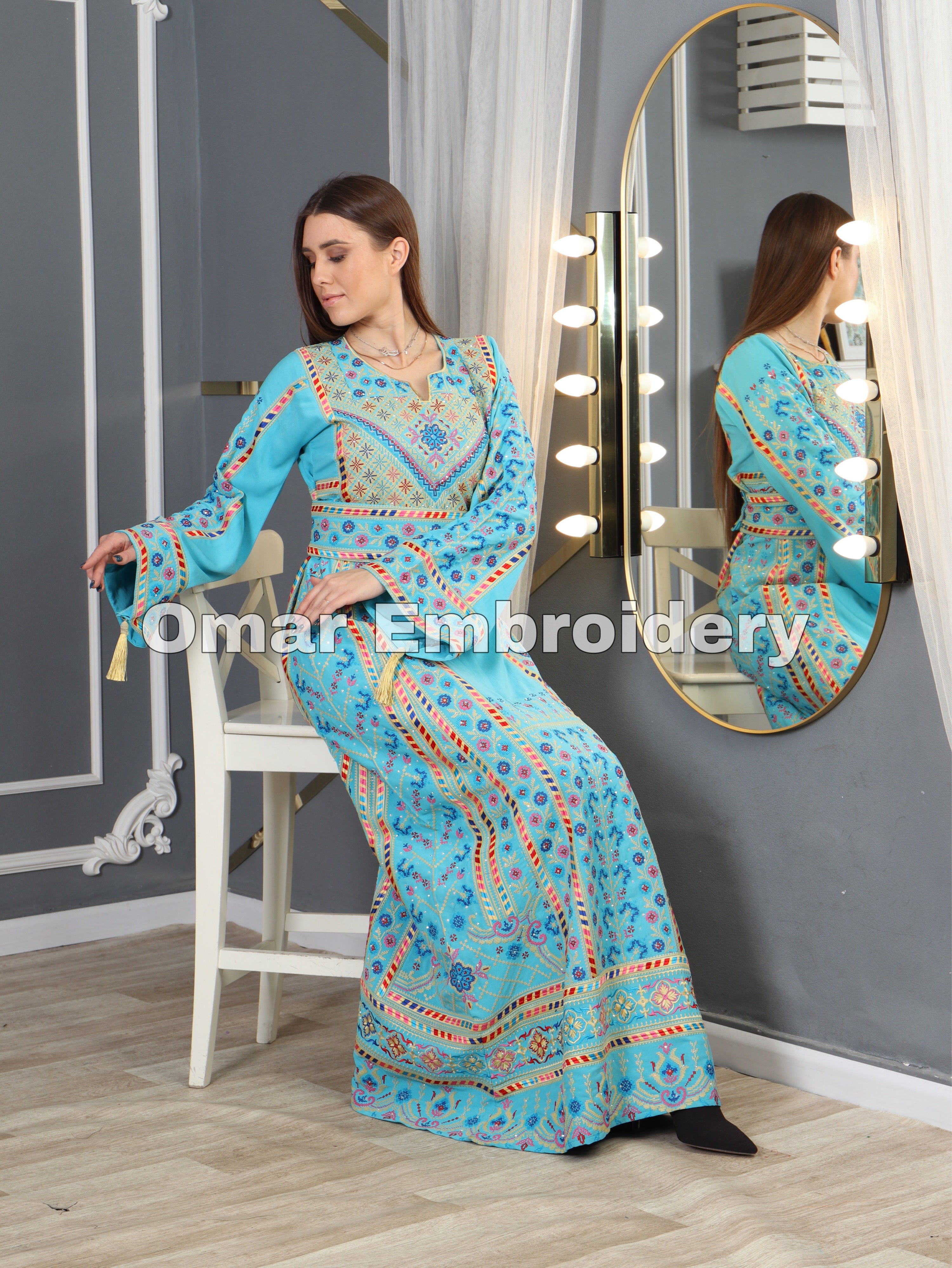 Turquoise Traditional Embroidery Thoub Stone Wide Sleeve Elegant