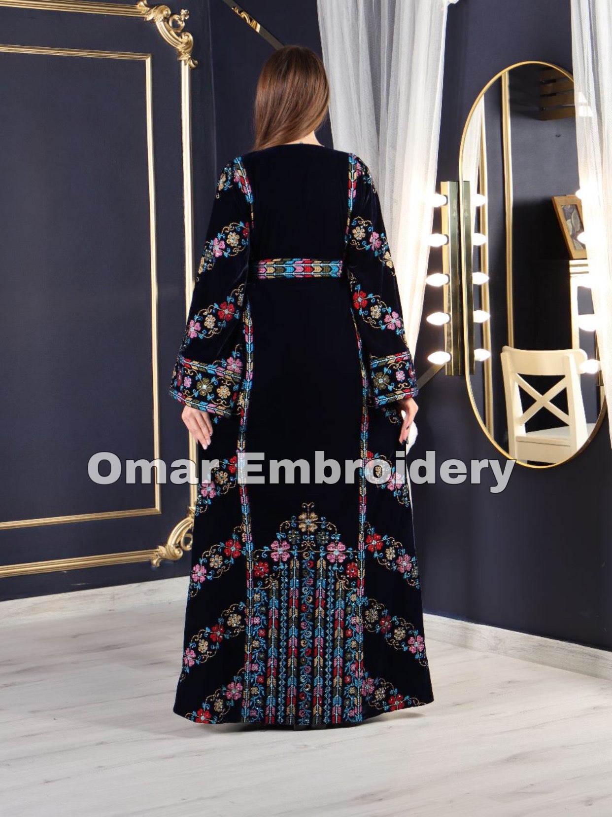 Simple Unique Navy Silk Velvet Embroidery Thobe
