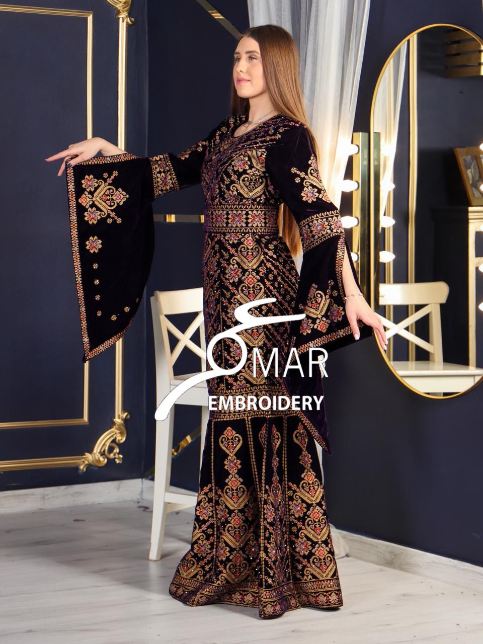 Purple Luxury Mermaid Gold Embroidery Velvet Thoub