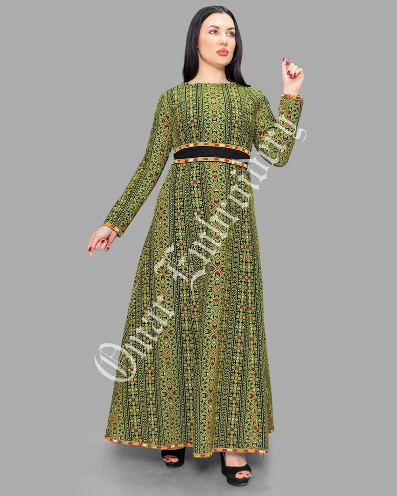 Thobe Embroidered Palestinian Maxi Dress Long Sleeves Red Stitches