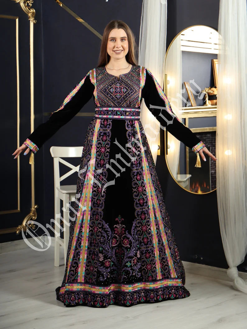 Thobe Embroidered Palestinian Maxi Dress Long Sleeves Velvet Princess Design And Embroidery