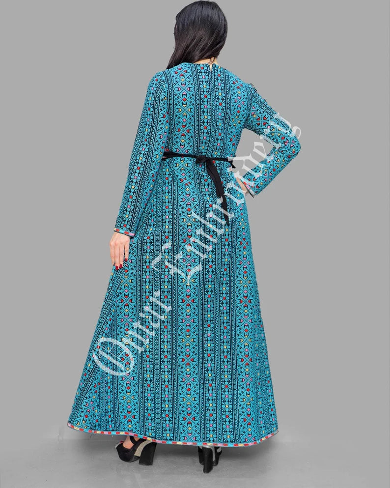 Thobe Embroidered Palestinian Maxi Dress Long Sleeves Red Stitches