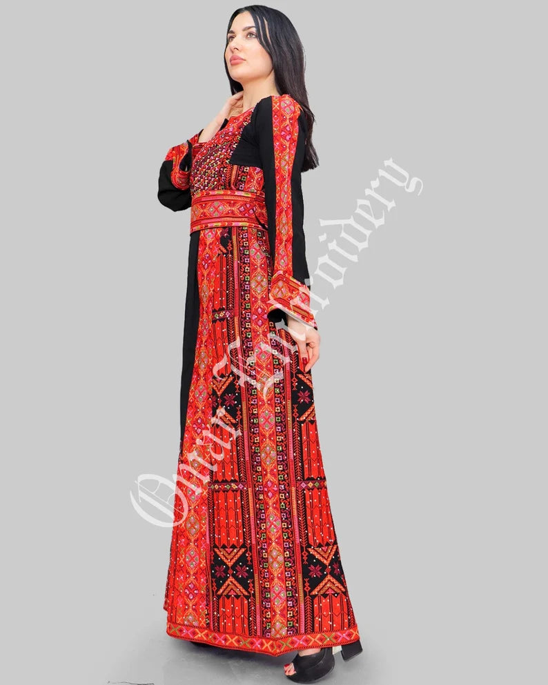 Thobe Embroidered Palestinian Maxi Dress Long Sleeves Red Stitches