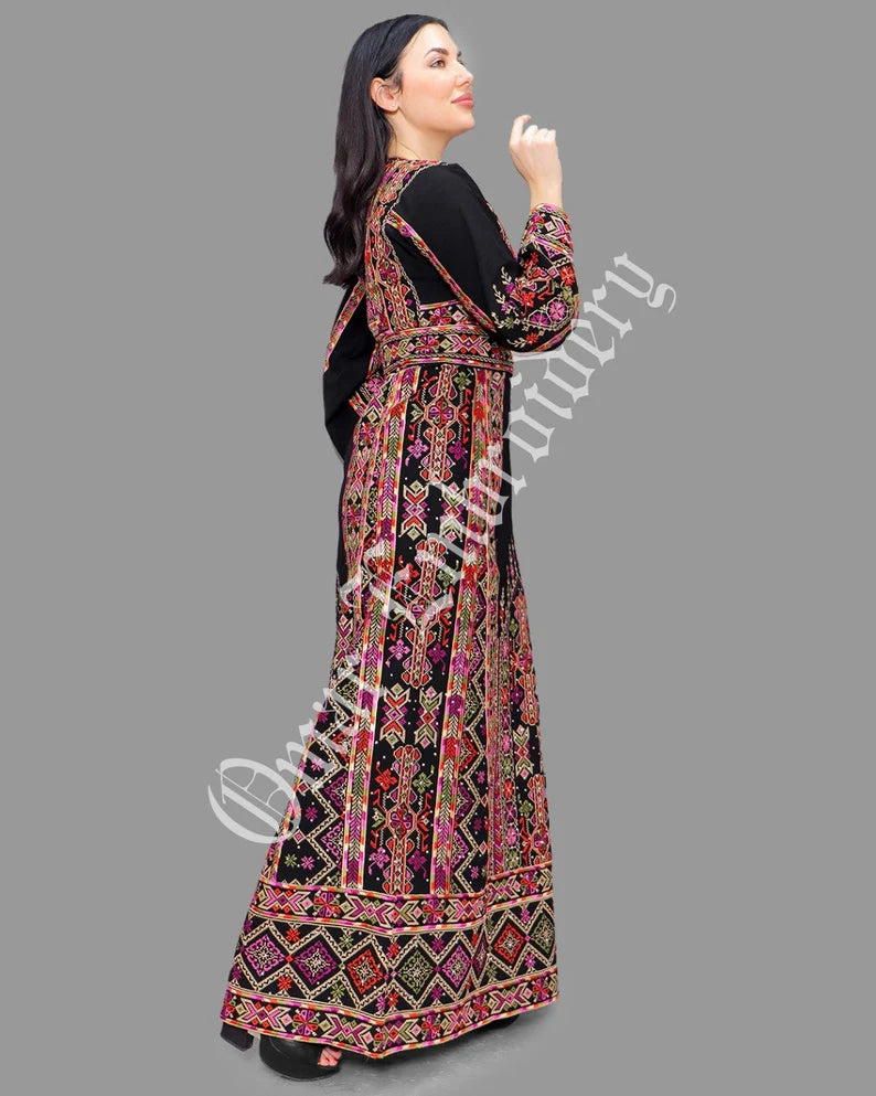 Thobe Embroidered Palestinian Maxi Dress Long Sleeves Red Stitches