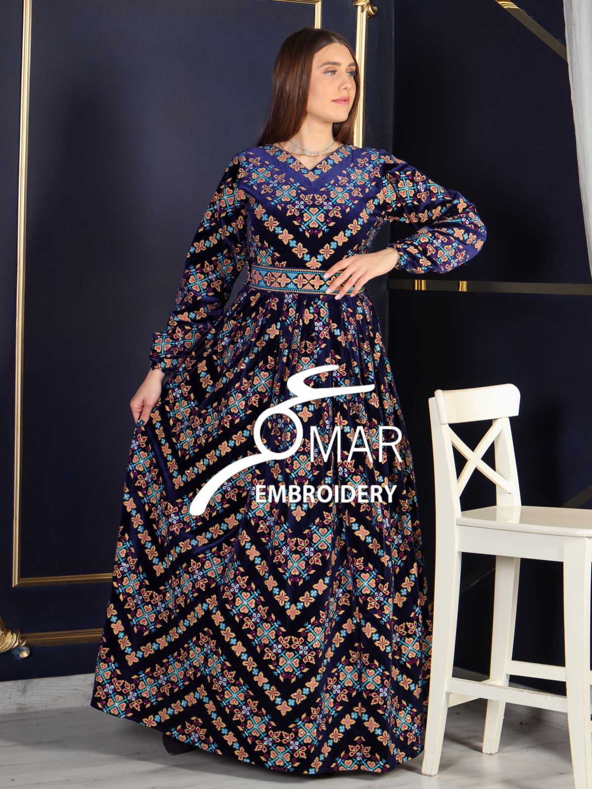 Blue Velvet Heavy Stitching Long Sleeve Fully Embroidery Thobe
