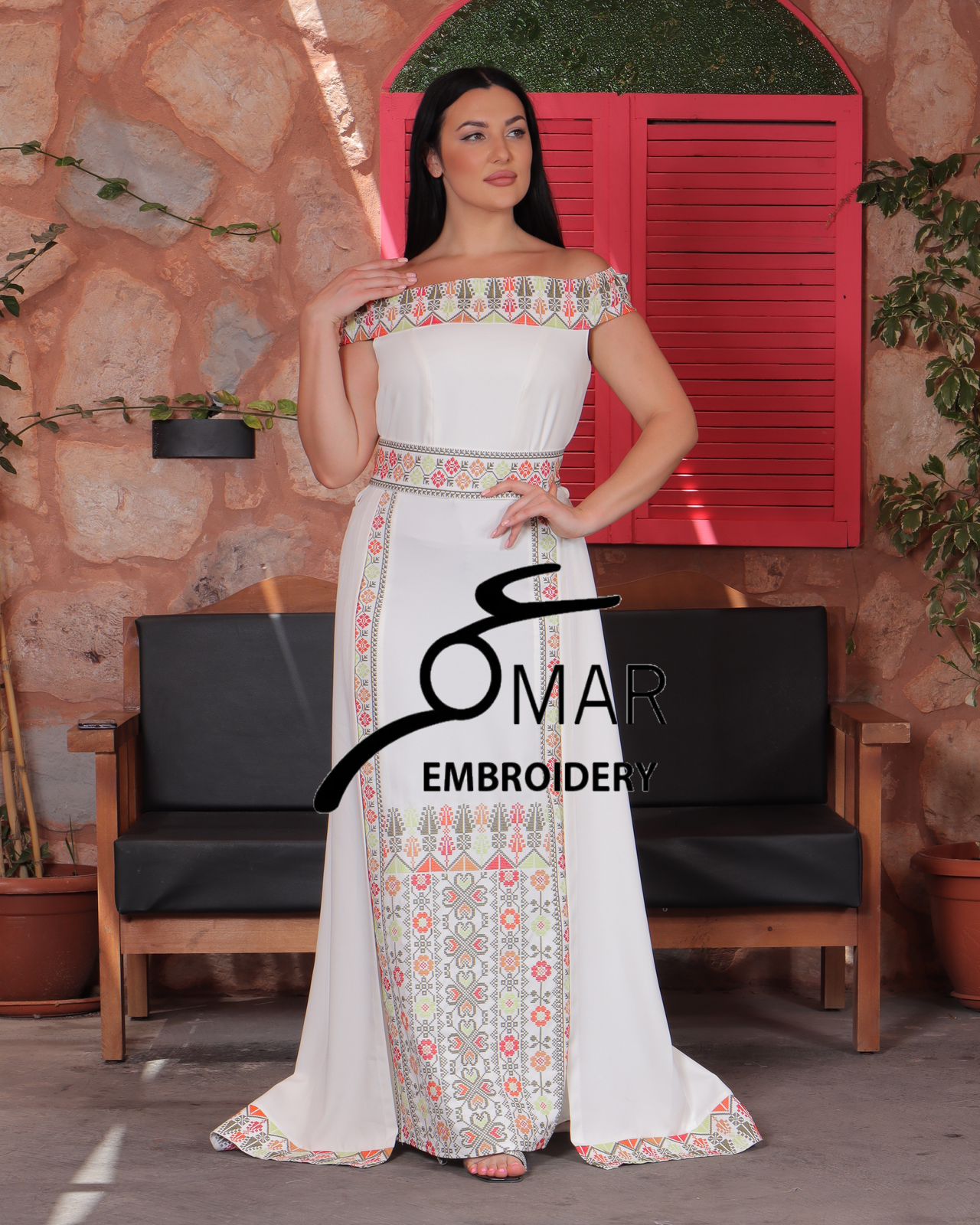 White Off Shoulder Floral Embroidered Overskirt Long Dress