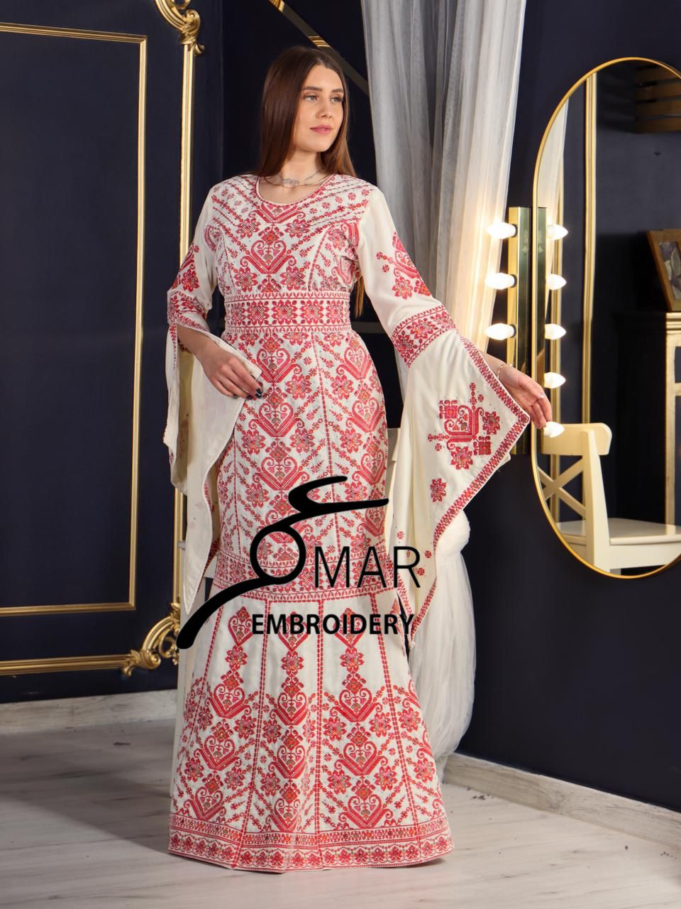 Cream Luxury Mermaid Red Embroidery Velvet Thoub