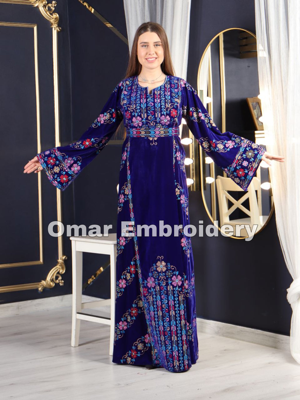Simple Unique Royal Blue Silk Velvet Embroidery Thobe