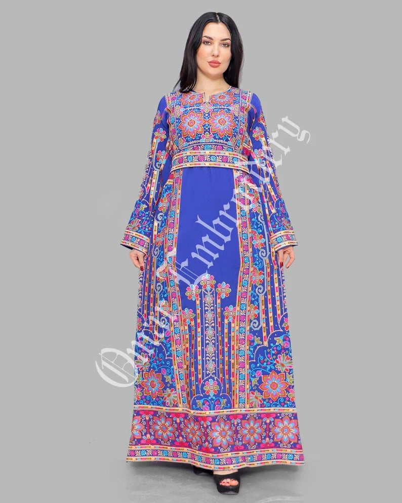 Thobe Embroidered Palestinian Maxi Dress Long Sleeves Red Stitches