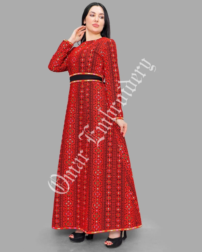 Thobe Embroidered Palestinian Maxi Dress Long Sleeves Red Stitches