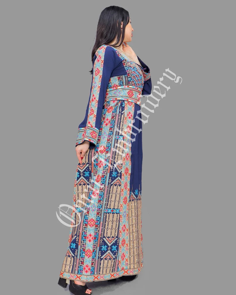 Thobe Embroidered Palestinian Maxi Dress Long Sleeves Red Stitches