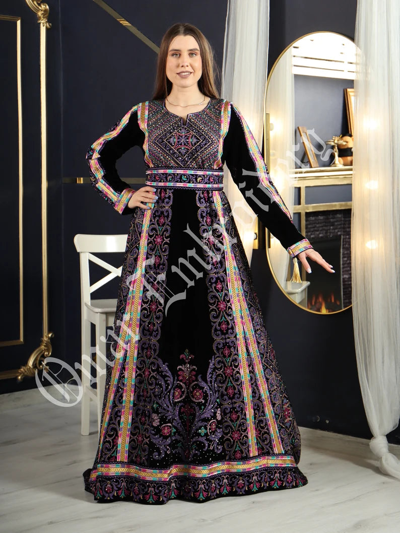 Thobe Embroidered Palestinian Maxi Dress Long Sleeves Velvet Princess Design And Embroidery