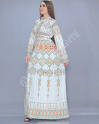Thobe Embroidered Palestinian White Maxi Dress Long Sleeves Multicolor Stitches
