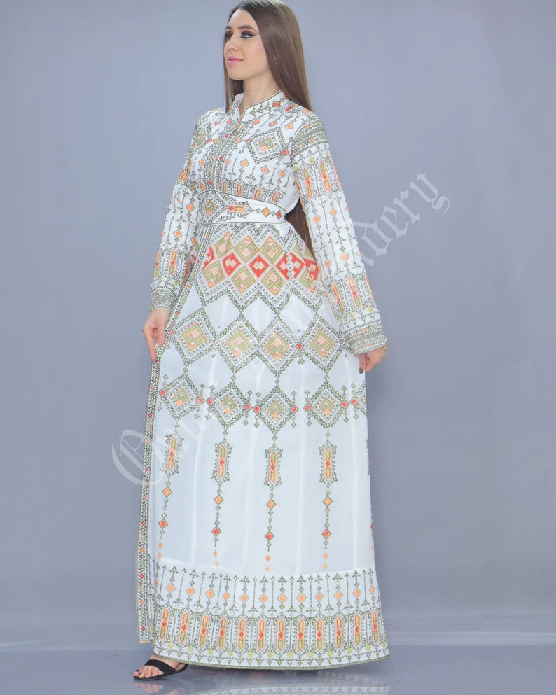 Thobe Embroidered Palestinian White Maxi Dress Long Sleeves Multicolor Stitches