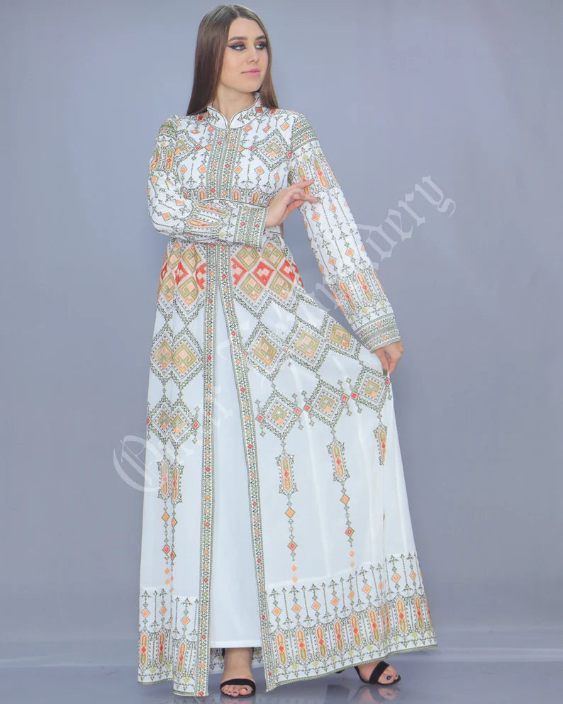 Thobe Embroidered Palestinian White Maxi Dress Long Sleeves Multicolor Stitches