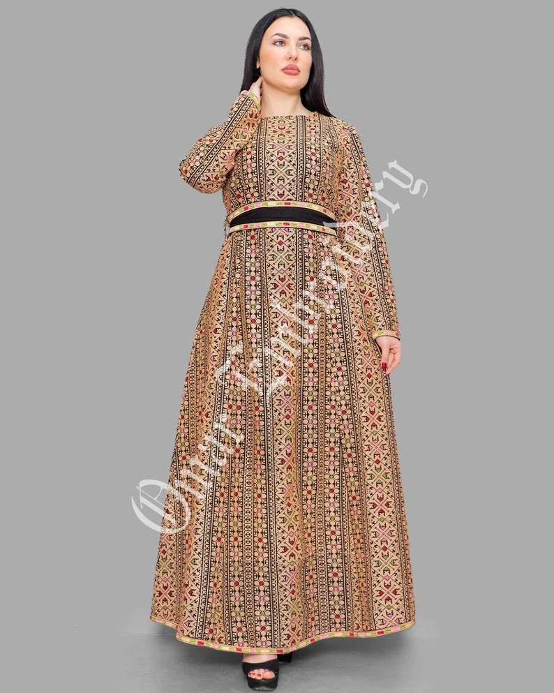 Thobe Embroidered Palestinian Maxi Dress Long Sleeves Red Stitches