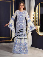 Cream Luxury Mermaid Blue Embroidery Velvet Thoub