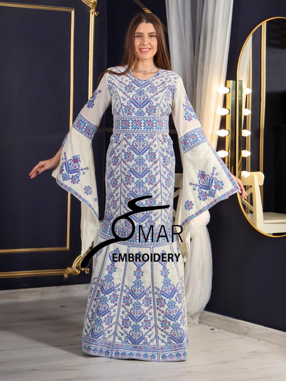 Cream Luxury Mermaid Blue Embroidery Velvet Thoub