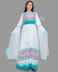 Thobe Embroidered Palestinian White Maxi Dress Long Sleeves Red Stitches