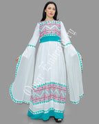 Thobe Embroidered Palestinian White Maxi Dress Long Sleeves Red Stitches