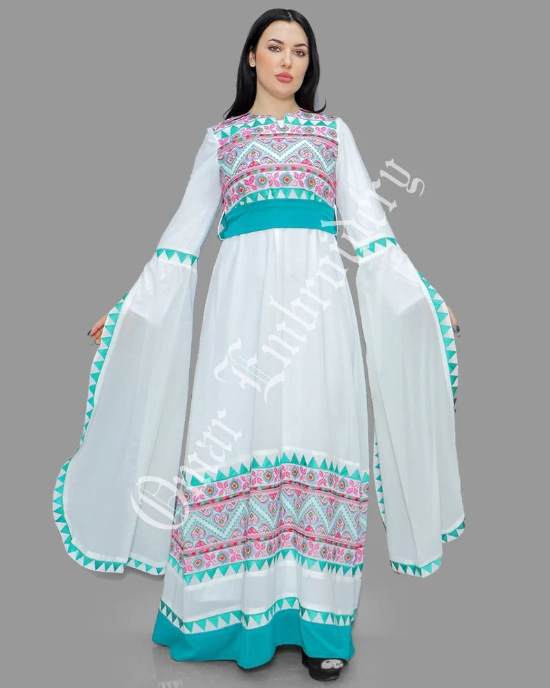 Thobe Embroidered Palestinian White Maxi Dress Long Sleeves Red Stitches
