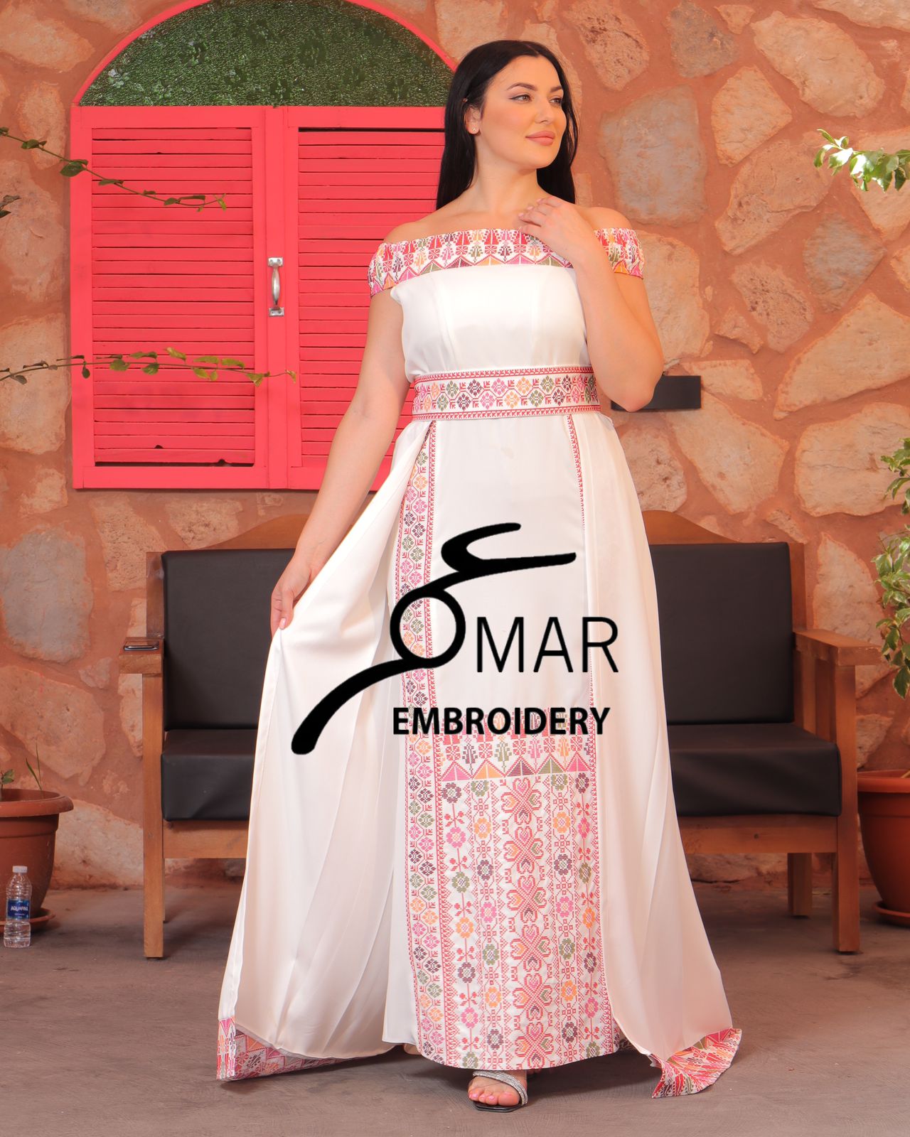 White Off Shoulder Floral Embroidered Overskirt Long Dress