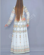 Thobe Embroidered Palestinian White Maxi Dress Long Sleeves Multicolor Stitches